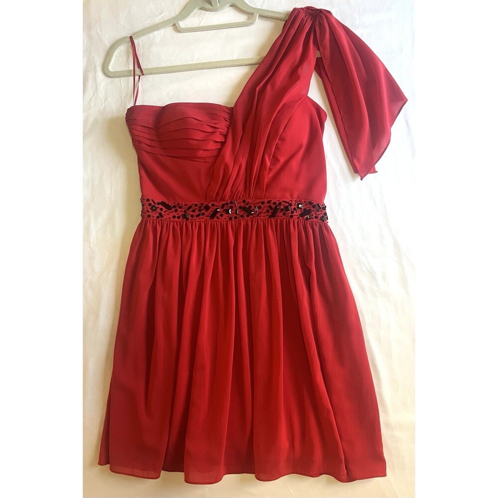 Jessica Simpson Red One Shoulder Chiffon Beaded Flare Party Cocktail Dress Sz 8